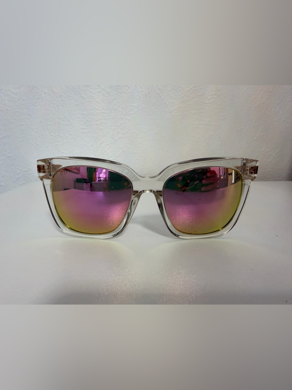 Diff Eyewear Clear Frame Sunglasses with Pink-Gold Mirrored Lenses
